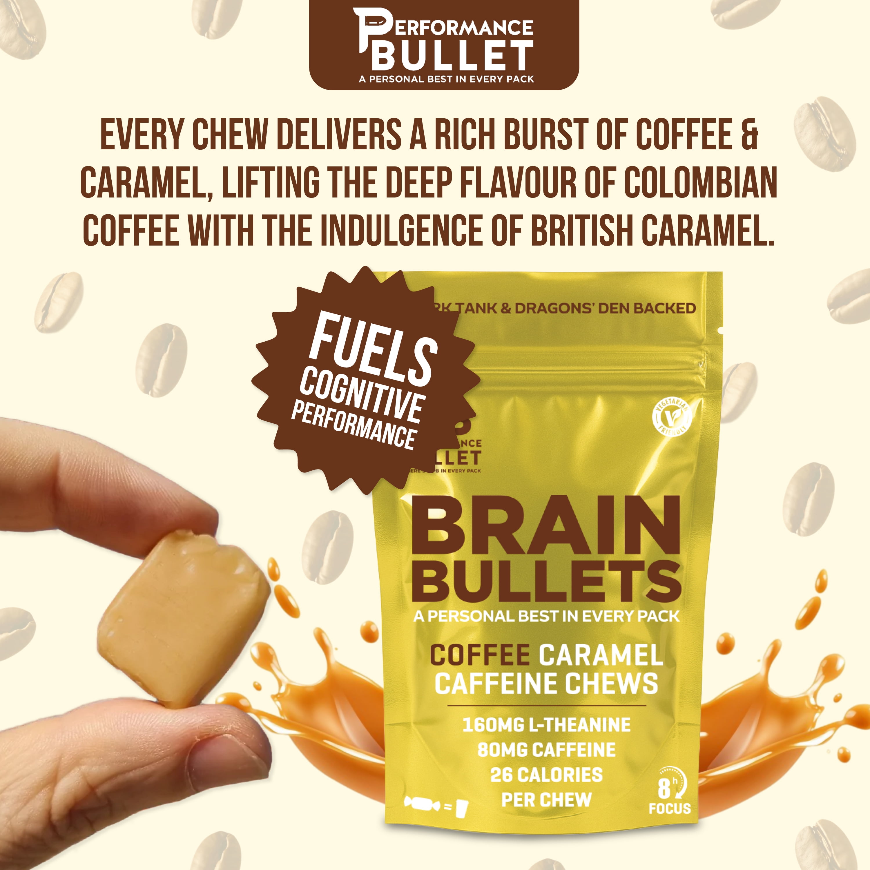 Brain Bullet Coffee Caffeine Chews 80mg Caffeine + 160mg L-Theanine per Chew, 40 Chews