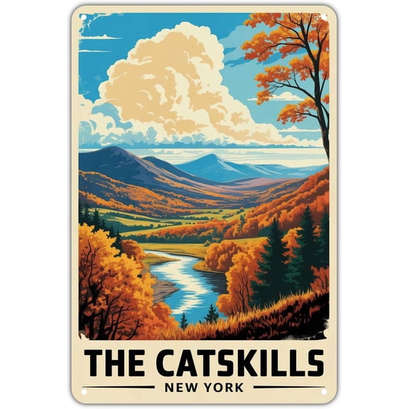Catskills New York Travel Poster tin sign Vintage Scenic Landscape Metal Sign Print Aesthetic for Garden Yard Bar Porch Home Bedroom Kitchen Wall Art Decor Gift 8 x 12 inch