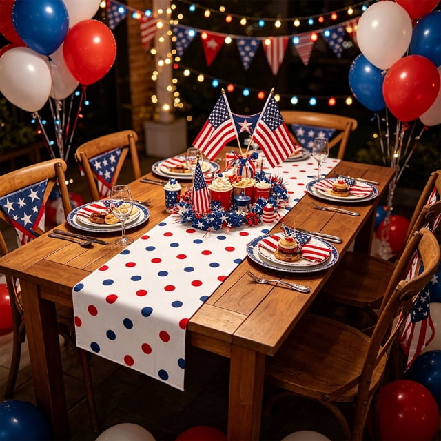 Vacemry 4th Of July Table Runner, Independence Day Star Polyester Table Runner, Patriotic Holiday Decor, Red White Blue Striped Dining Table Runners For Kitchen Party Home Decor