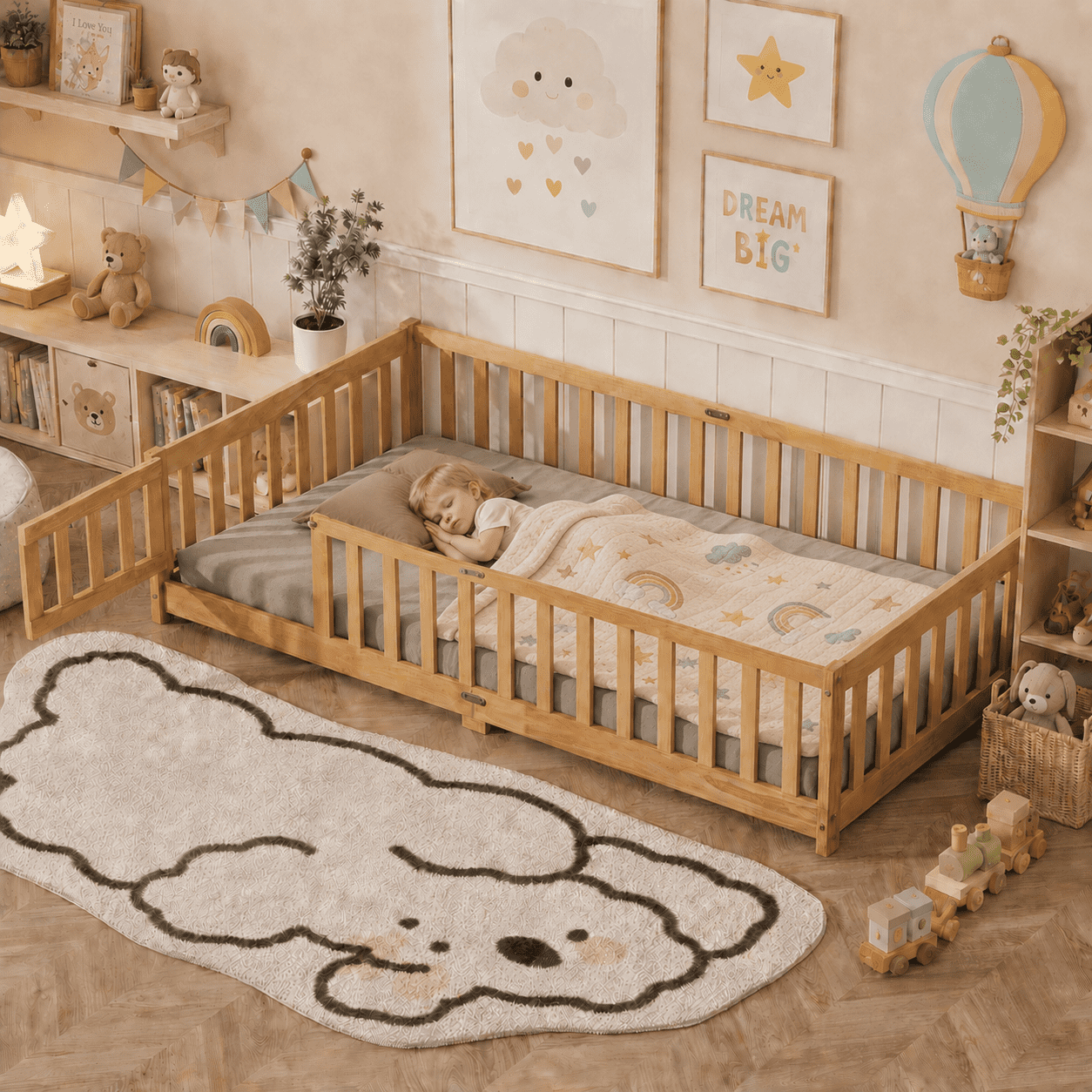 UHOMEPRO Twin Floor Bed with Fence and Door, Montessori Floor Bed for Kids, Toddler Bed Frame with Safety Guardrails and Slats, Wood Floor Bed Frame Twin Size, No Box Spring Needed, Natural