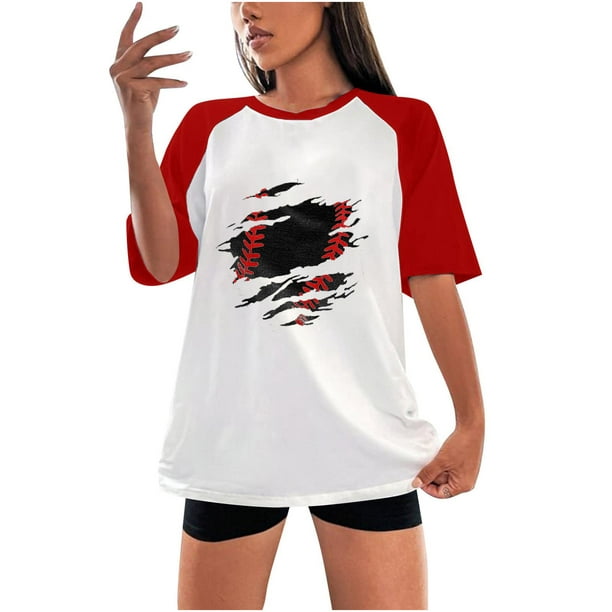 hoksml Womens Tops Fashion Summer T-shirt Round Neck Leisure Short Sleeve  Baseball Printed Tops Blouses for Women Clearance 