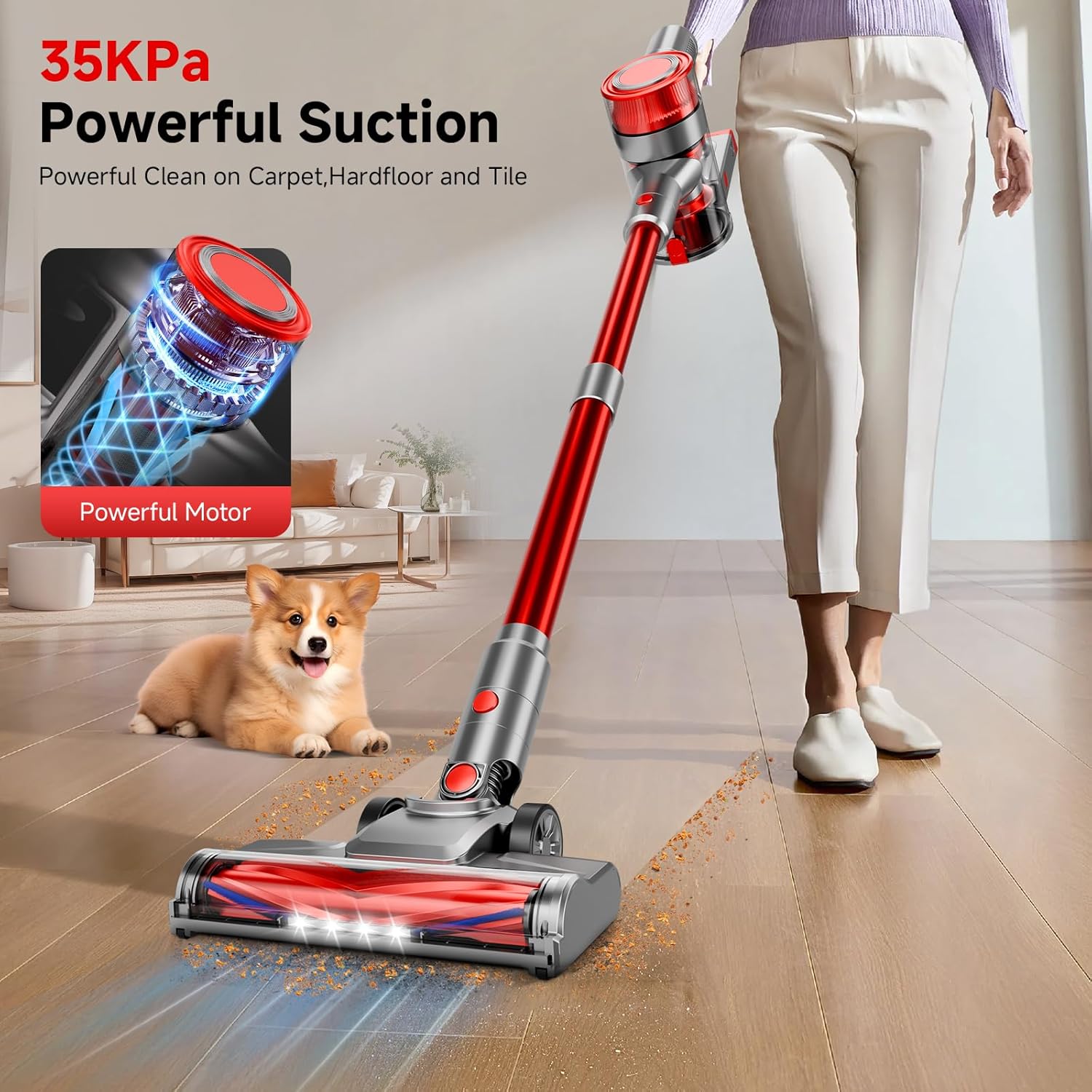 BSNAW Cordless Vacuum Cleaner, 8-in-1 Lightweight Self-Standing Stick Vacuums, Max 45Mins Runtime, Anti-Tangle Stick Vacuum Cleaner for Hard Floor, Carpet, Pet Hair, Red