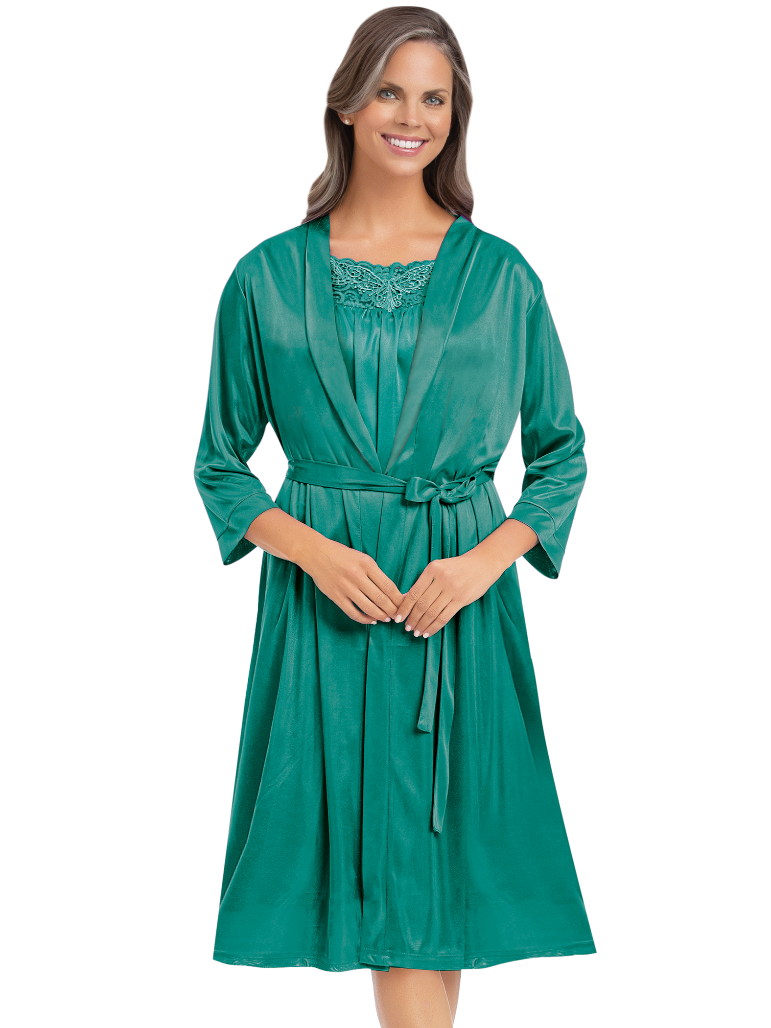 Collections Etc Beautiful Lace Trim Silky WrapAround Long Sleeve Robe