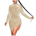 thumbnail image 2 of Lilgiuy Women's Nightclub Net Yarn Perspective Hot Drilling Fringe Round Neck Long Sleeve Dress Beige 2022 Fall Winter, 2 of 5