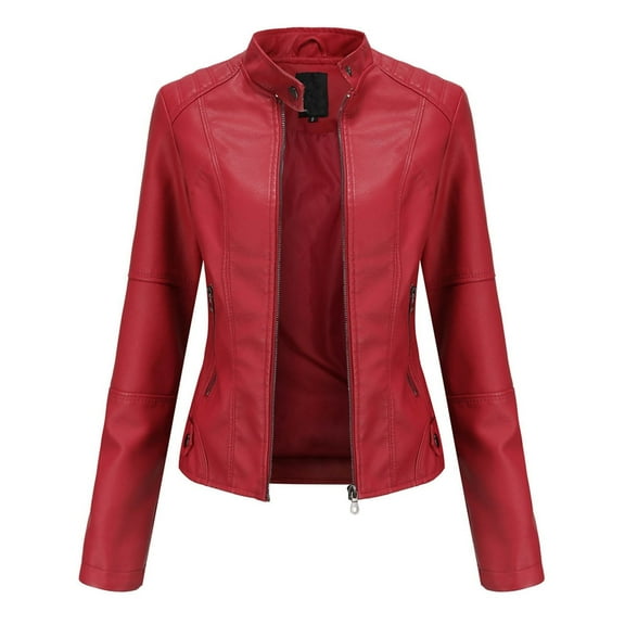 Womens Trench Coats Hwretie Coat New Ladies Slim Leather Stand-Up Collar Zipper Stitching Solid Color Jacket Red 3Xl
