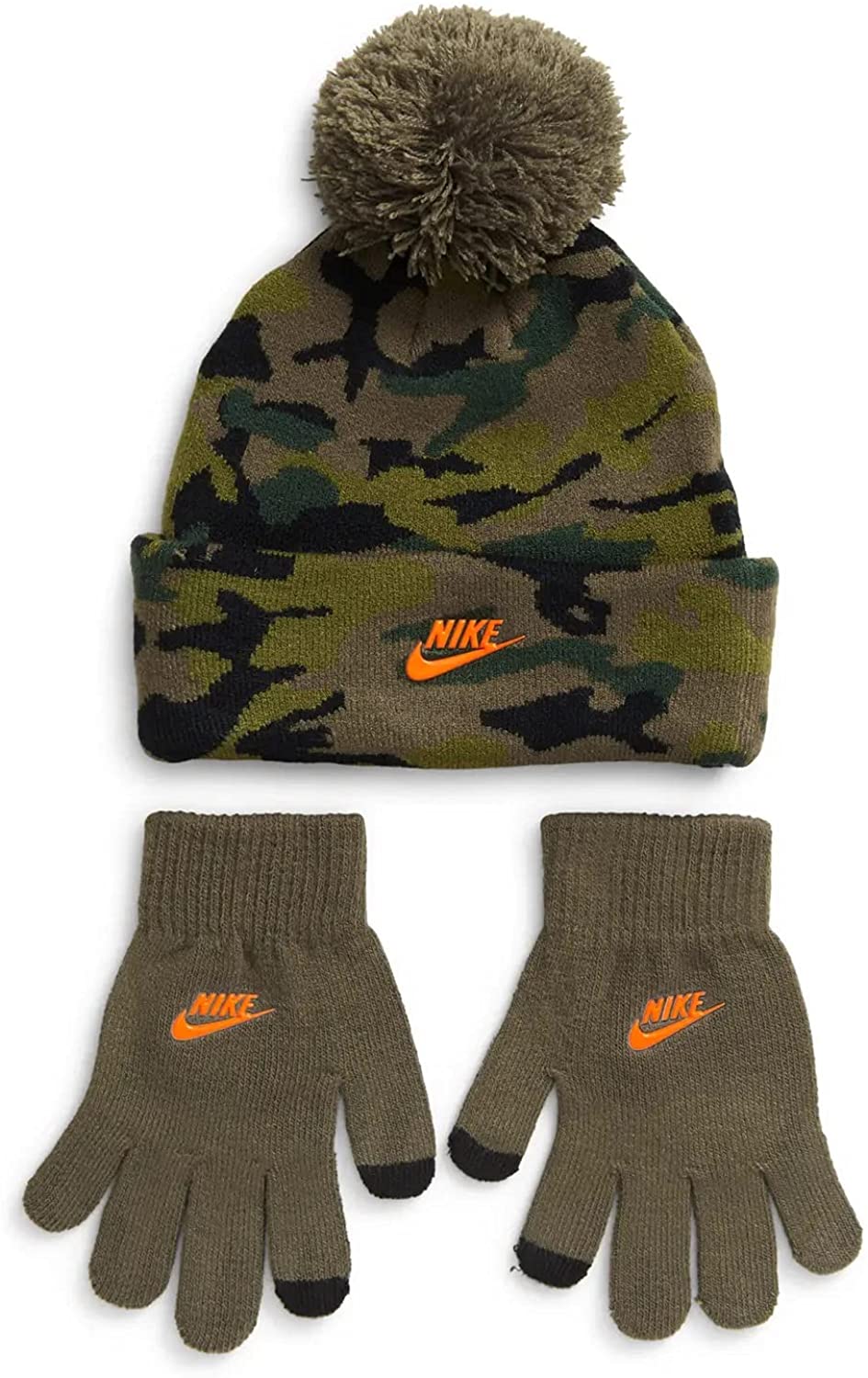 Nike Boys Hat and Gloves 2 Piece Set Medium Olive Youth Camo Beanies