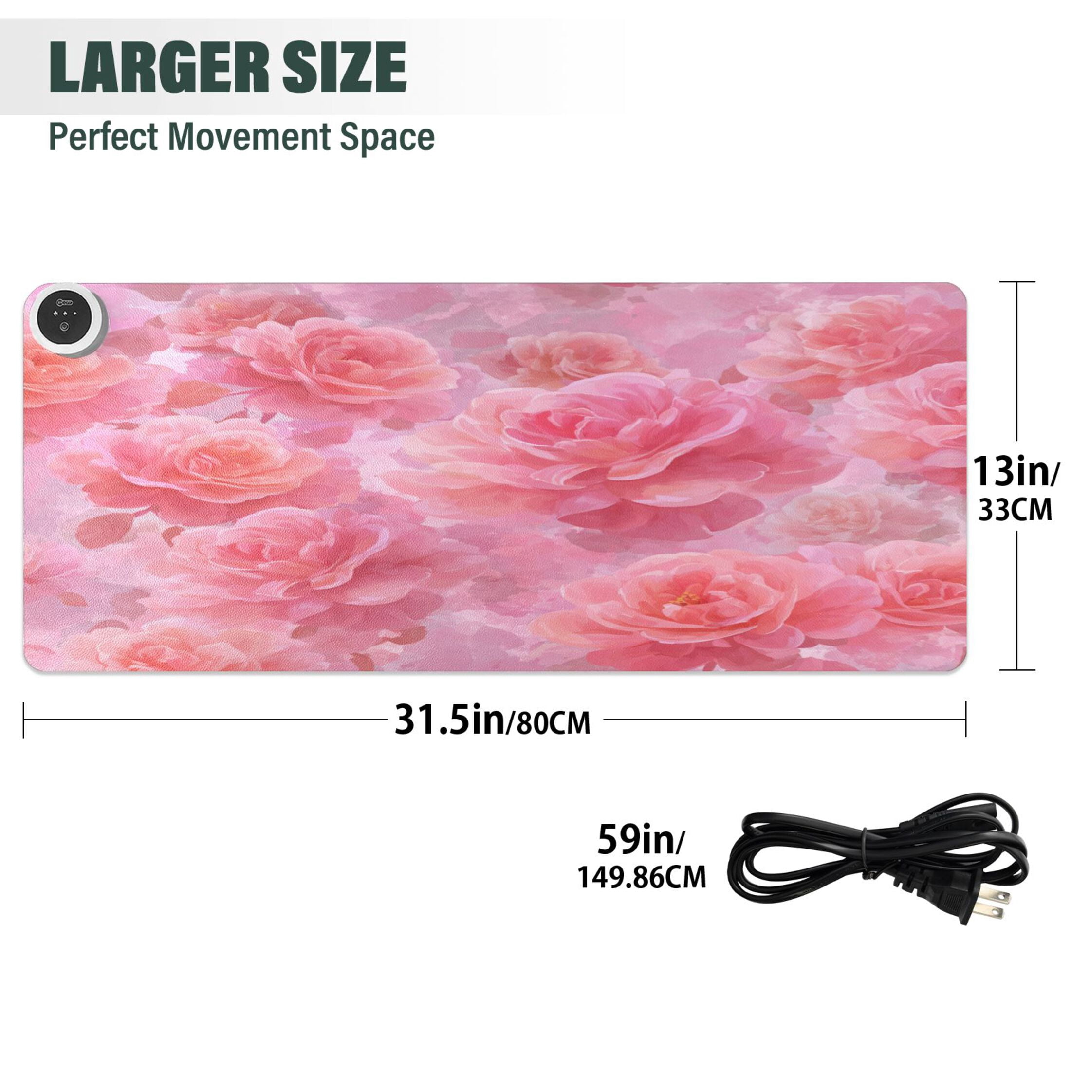Large Heated Desk Mat Mouse Pad 31.5"x13"PU Leather Graphene Heating Desk Warmer with 3 Temperature Settings 110V US Plug Non-Slip Warm Pad for Home, Office, and Gaming Pale Pink Roses Pattern