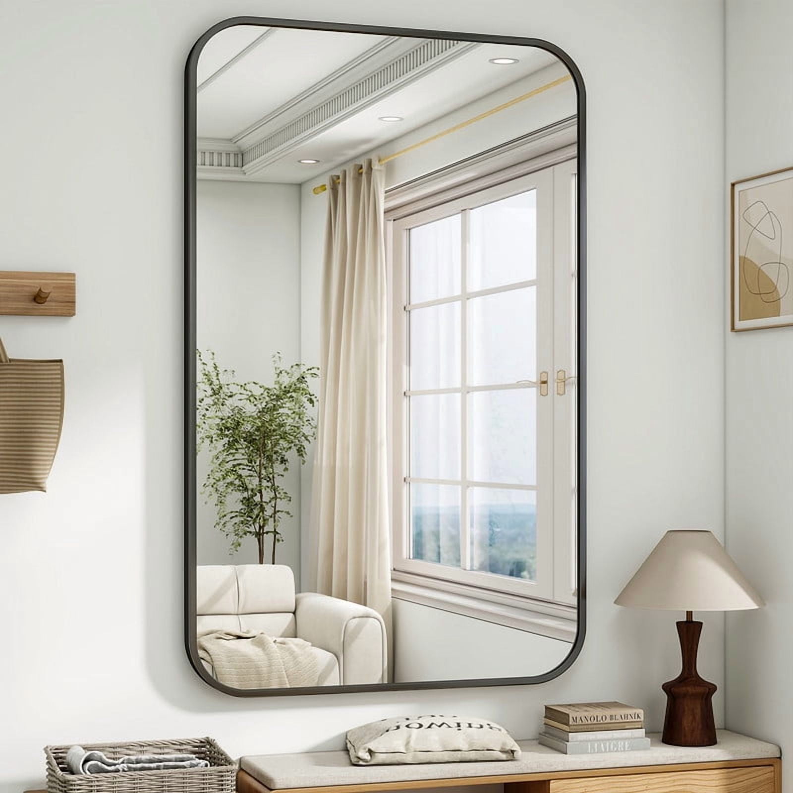 Easy4Home 48"x30" Rectangular Bathroom Mirror Hanging Rounded Corners Vanity Mirror Wall Mounted, Black
