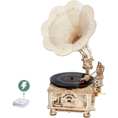 ROKR 3D Wooden Puzzle Automatic Gramophone Model Kits Electric Mode Self-Assembly Record Player Support 7"/10" Vinyl Premium Gifts Home Decor