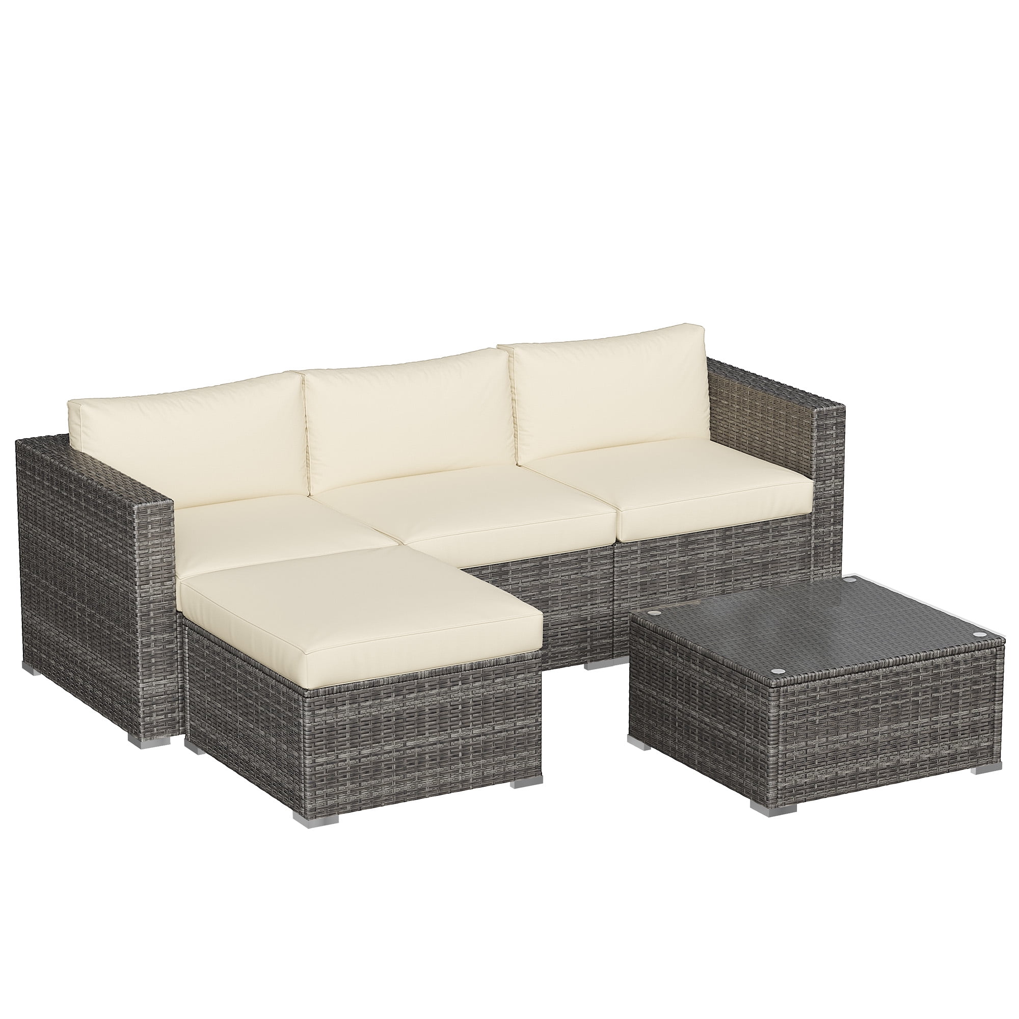 Cozyhom 5 Pc Outdoor Wicker Sectional Dining  Sofa Furniture Set, All Weather Wicker Sectional Dining Conversation L Shaped Indoor Couch With Ottoman, Beige