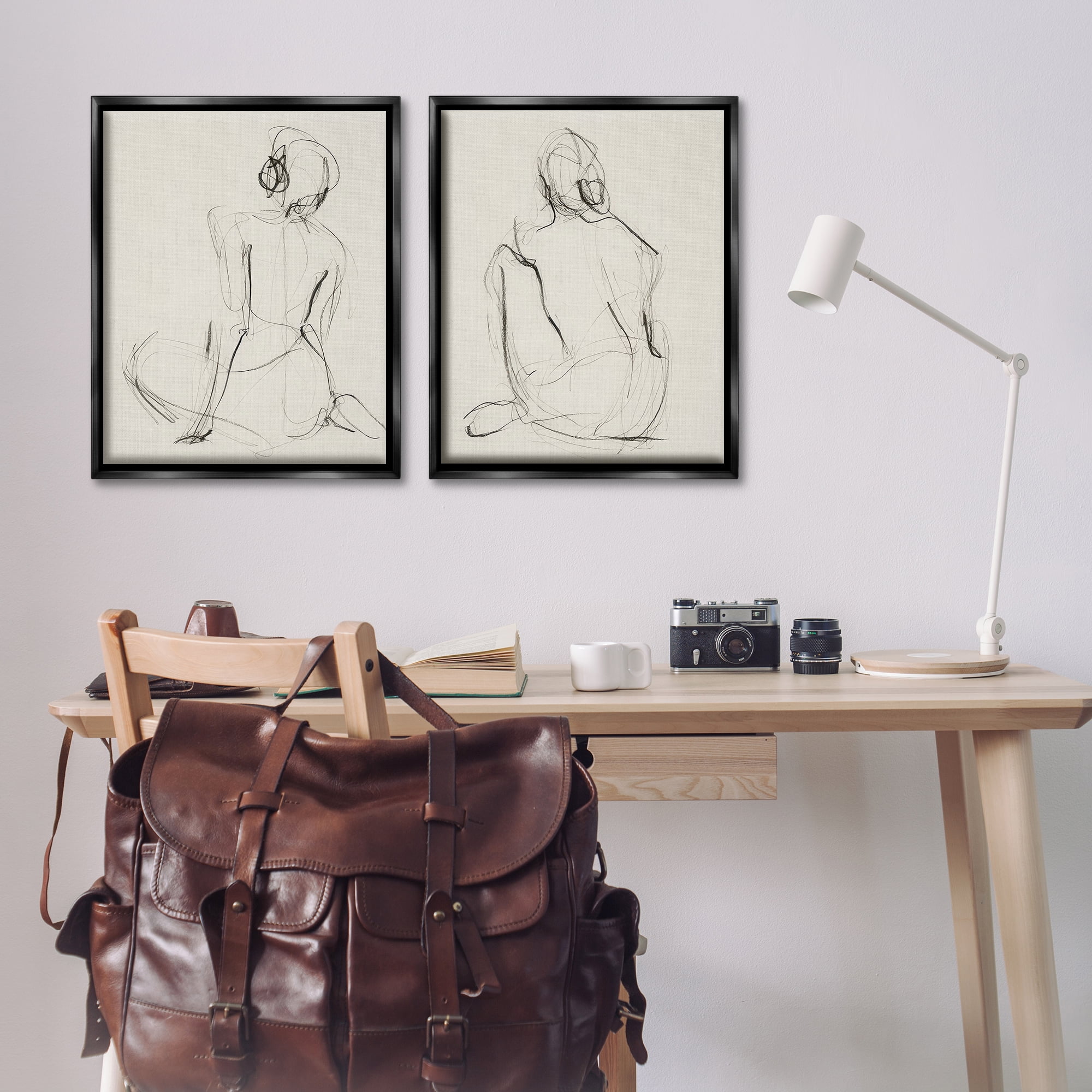 Stupell Industries Sitting Female Figure Drawing People Drawing Black Floater Framed Canvas Art Print Wall Art, 31 x 25, Set of 2
