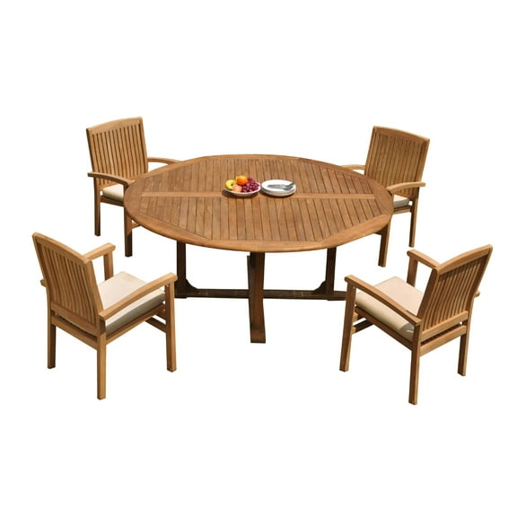 Grade-A Teak Dining Set: 4 Seater 5 Pc: 72" Round Table And 4 Wave Stacking Arm Chairs Outdoor Patio WholesaleTeak #51WV1705