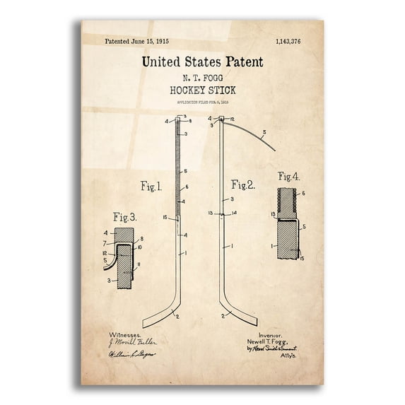 Epic Art 'Hockey Stick Blueprint Patent Parchment,' Acrylic Glass Wall Art, 16"x24"