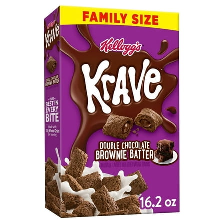 Kellogg's Krave Breakfast Cereal, 7 Vitamins and Minerals, Kids Snacks, Family Size, Brownie Batter, 16.2oz Box (Pack of 2)