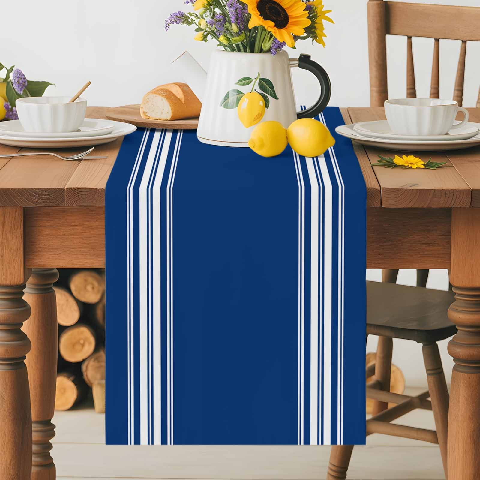 Nautical Navy Blue White Stripes Table Runner 90 Inches Long, Country Farmhouse Style Table Runners Tabletop Scarf Kitchen Dining Tables Decoration for Home Party Indoor Outdoor