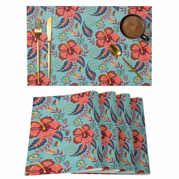 Teal Red Boho Floral Placemats Set of 6, Vintage Southwestern Ethnic Tribe Placemats for Dining Table, Place Mats for Kitchen Tabletop, Waterproof Wipeable Dining Table Mats Set