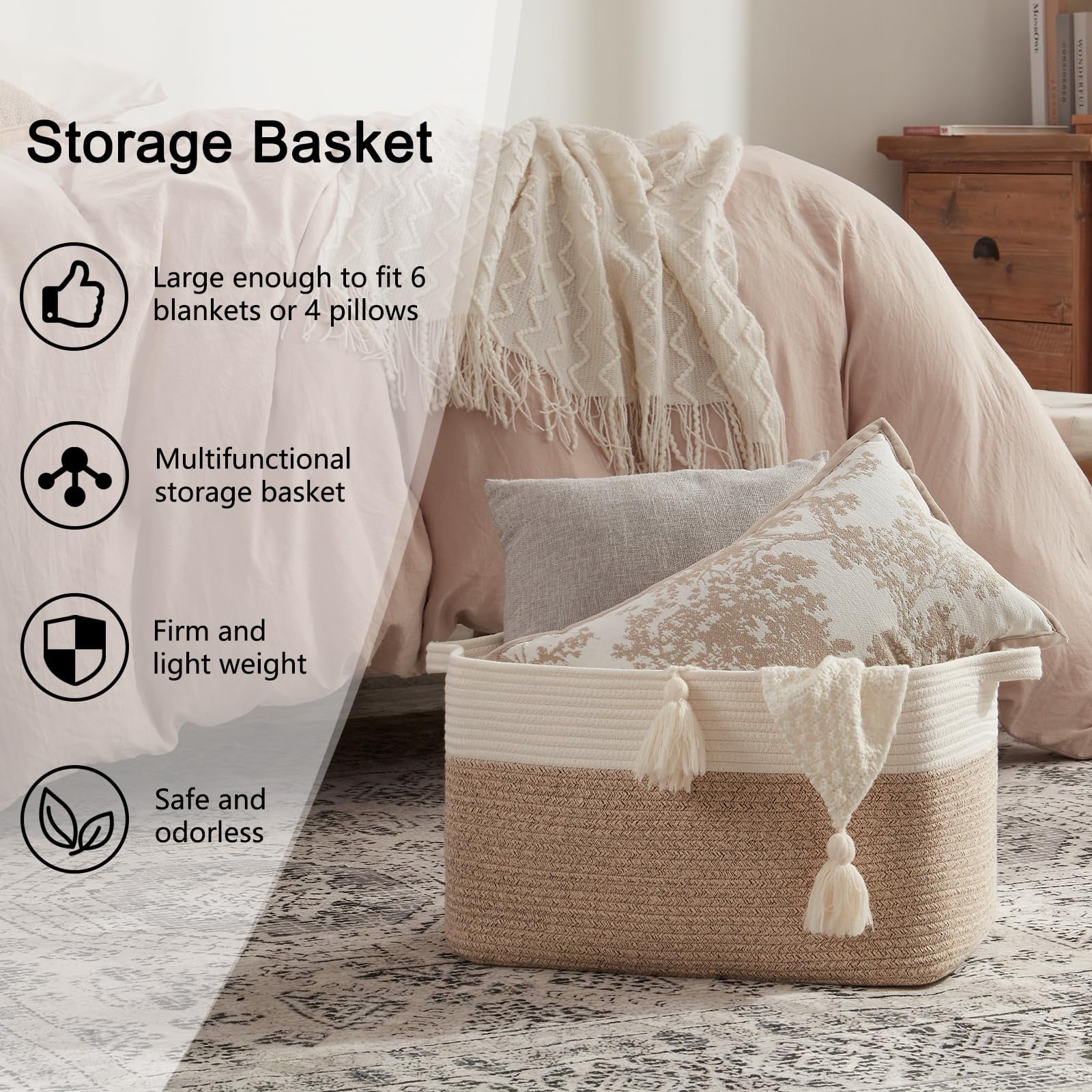 Extra Large Blanket Basket, 95L Woven Storage Basket, Cotton Rope Toy Bin for Baby Room, Container for Storage in Living Room, 24''×17''×14'', Black & White