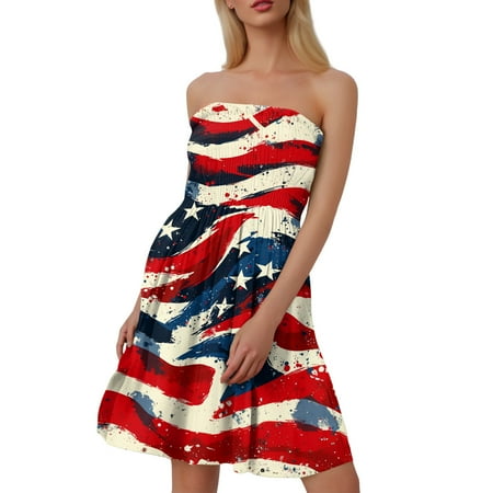 CHCNHAC Summer Dresses for Women 2025 4th Of July Trendy Dresses Patriotic Red White and Blue Graphic Flowy Swing Strapless Wedding Guest Dress Red 2XL