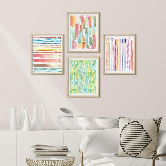 PixonSign Framed Wall Art Rainbow Pastel Paint Stroke Collage Prints, Set of 4 Abstract Shapes Wall Decor Arts, Colorful Wall DƩcor, Adhesive Canvas Poster, Modern Home Artwork - 11"x14" Natural