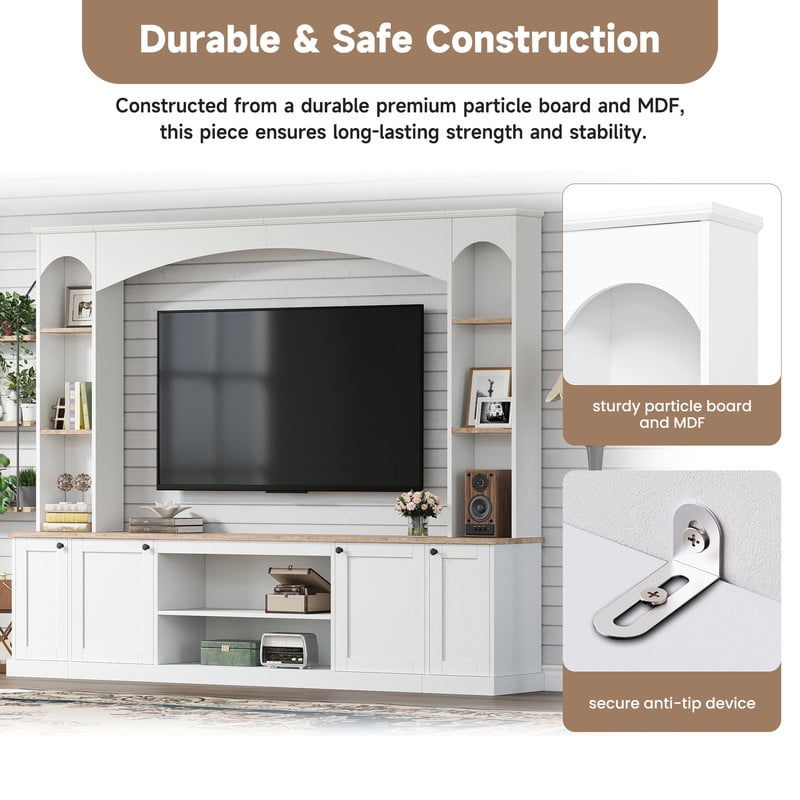 Elegant Arched Entertainment Center Wall Unit with Bookshelf for TVs Up to 70", Farmhouse TV Stand with Storage Cabinets, 91'' Media Console with Adjustable Shelves for Living Room