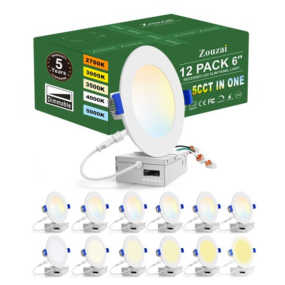 Zouzai Paquete De 12 Luces Led Empotrables De Techo Ultrafinas 5Cct De 6 Pulgadas Con Caja De Conexiones 2700K/3000K/3500K/4000K/5000K Seleccionables 12W Eqv 110W Luces Led Regulables - Certificado Et