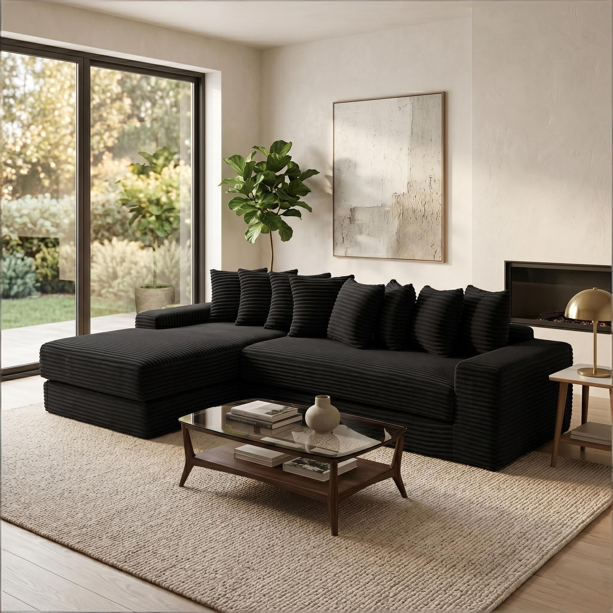 Howcool Modern L-Shaped Sectional Sleeper Sofa Oversized Cloud Couch 3-in-1 Convertible Floor Bed Corduroy with 8 Pillows