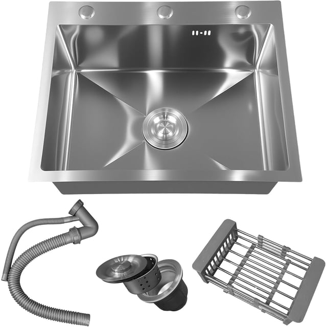Single Kitchen Sink Drop-in Kitchen Sink with Accessories Stainless Steel Deep Sink for Bar Kitchen Workstation Sliver