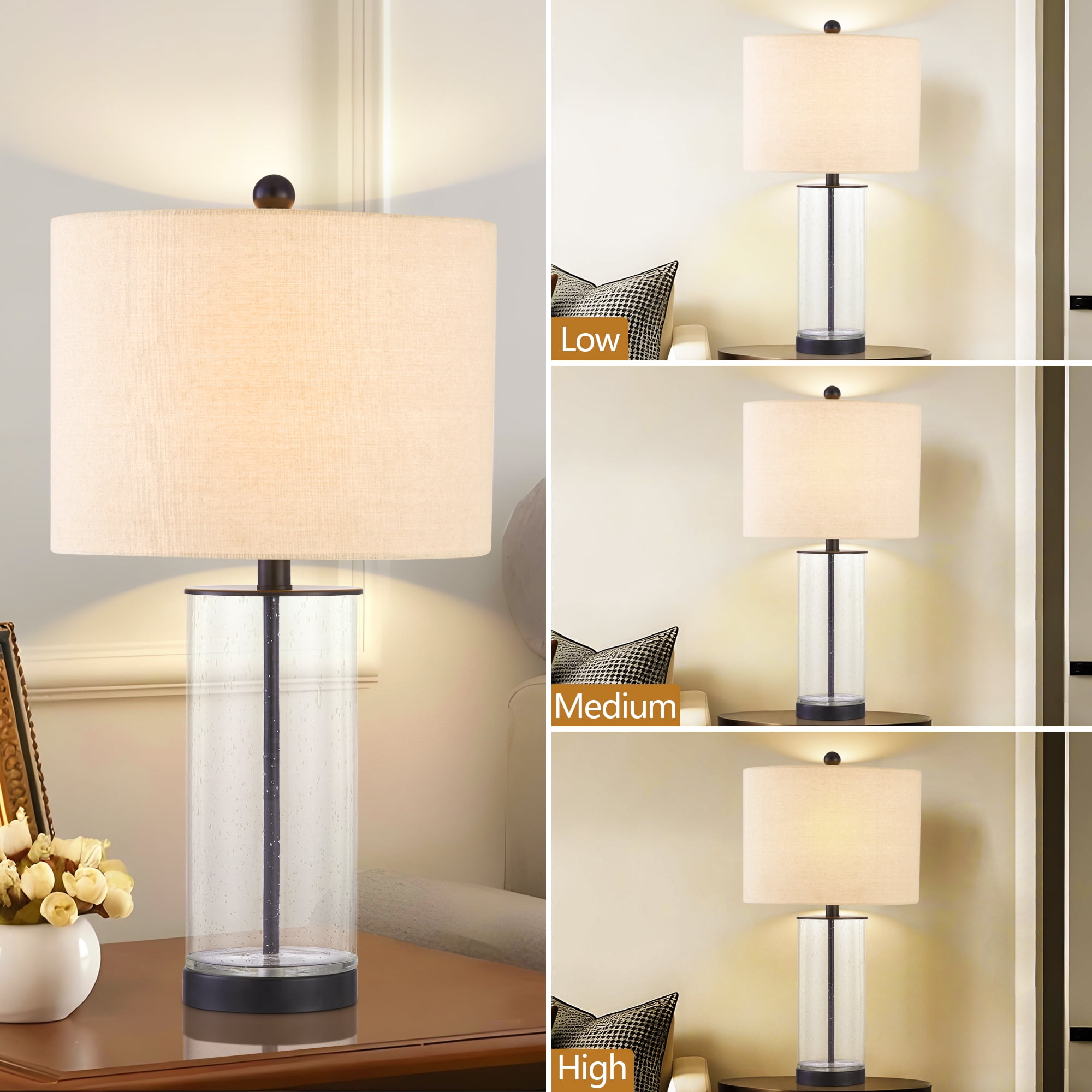 Maxax 23.75" Glass Table Lamps Set of 2, 3-Way Dimmable Black Nightstand Lamps for Living Room Bedroom