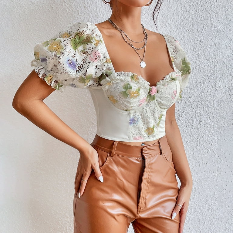 Women's Sexy Bustier Corset Top Long Sleeve Square Neck Mesh Crop