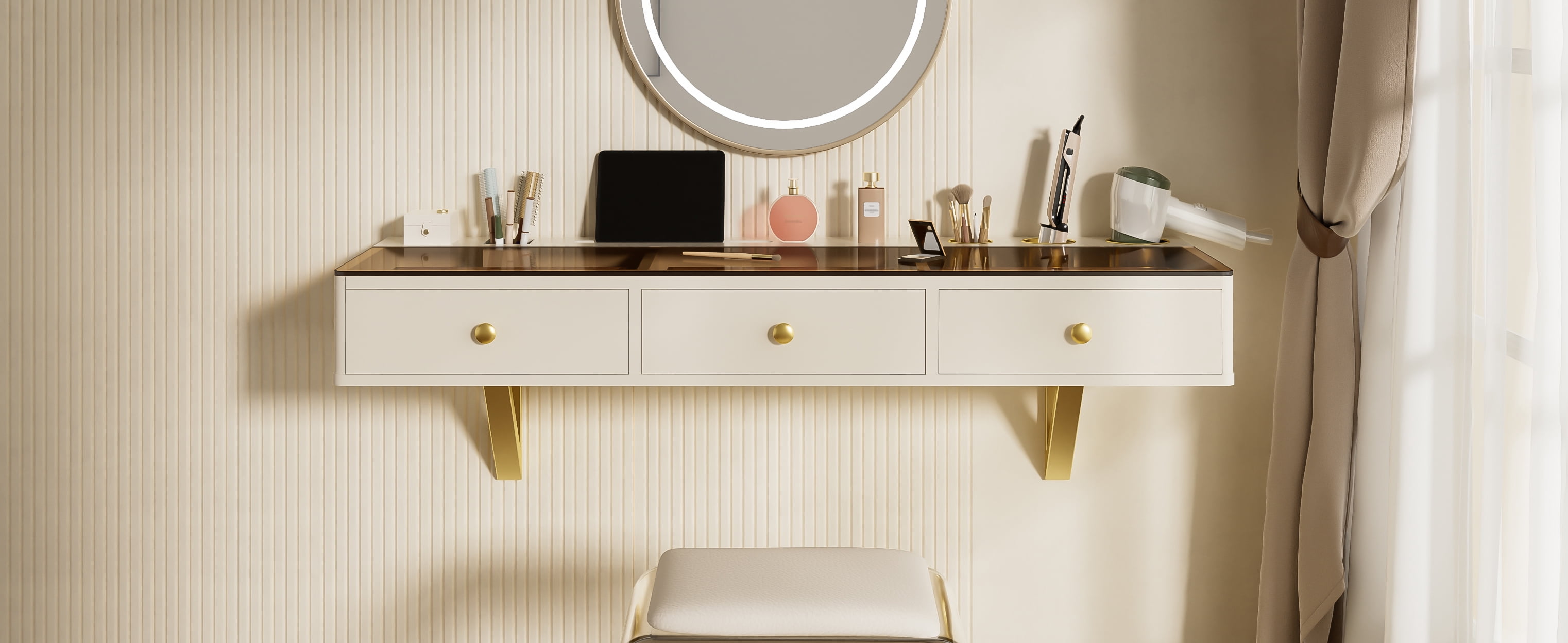 Euroco Wall-Mounted Multifunctional Vanity Table with Storage Drawers, Phone Holder & Black Glass Finish, Space-Saving Makeup Desk