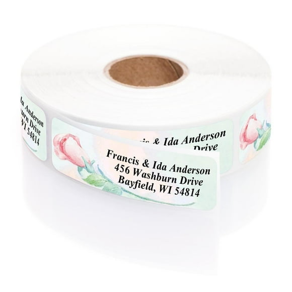 Soft Rose Watercolor Designer Rolled Address Labels with Elegant Plastic Dispenser