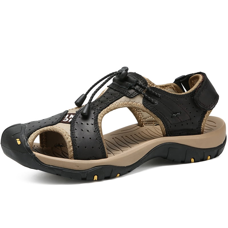 Men Breathable Leather Sandals Outdoor Hiking Open Toe Beach Water Shoes Slip On 