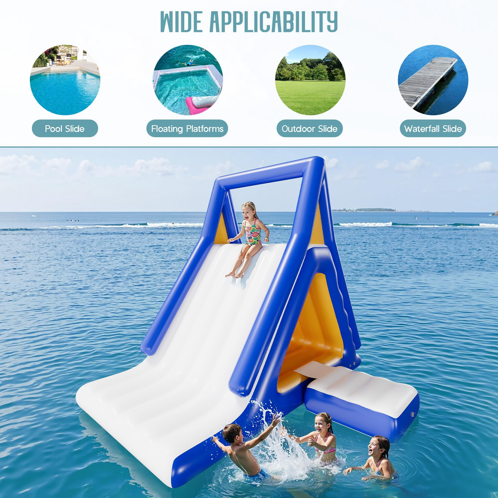Jocisland 15L×10W×11H ft Commercial Inflatable Water Slide with Climbing Handle, White & Blue & Yellow, Outdoor Waterfall Slide for Adults & Kids