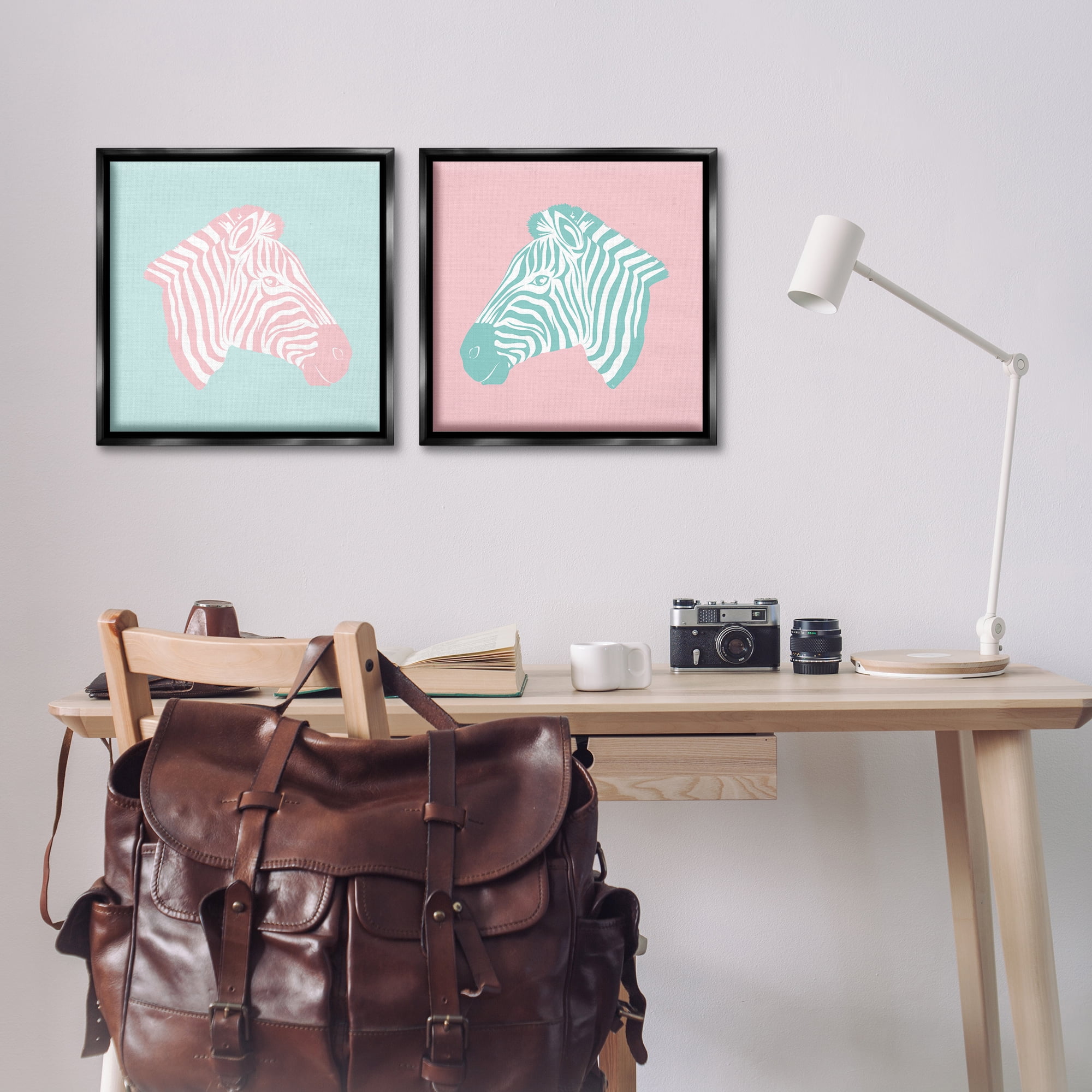 Stupell Industries Sweet Pink and Teal Zebras Animals Painting Black Floater Framed Canvas Art Print Wall Art, 18 x 18, Set of 2