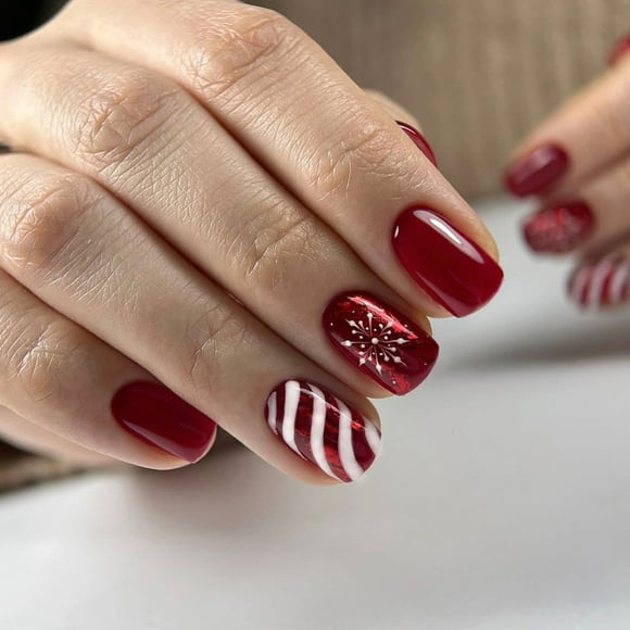 ABPWLY Red Solid Color Manicure Christmas Candy Stripe Wear Nail Snowflake False Nail Short Squares Nail Patch Clearance False Nails Canada Days Fake Nails with Designs Fake Nails