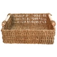 thumbnail image 1 of Cesta de paja con asa de madera para mesa, cesta de almacenamiento sencilla para artículos diversos, cosméticos y llaves (tamaño grande: 29 x 29 x 9 cm), 1 of 6