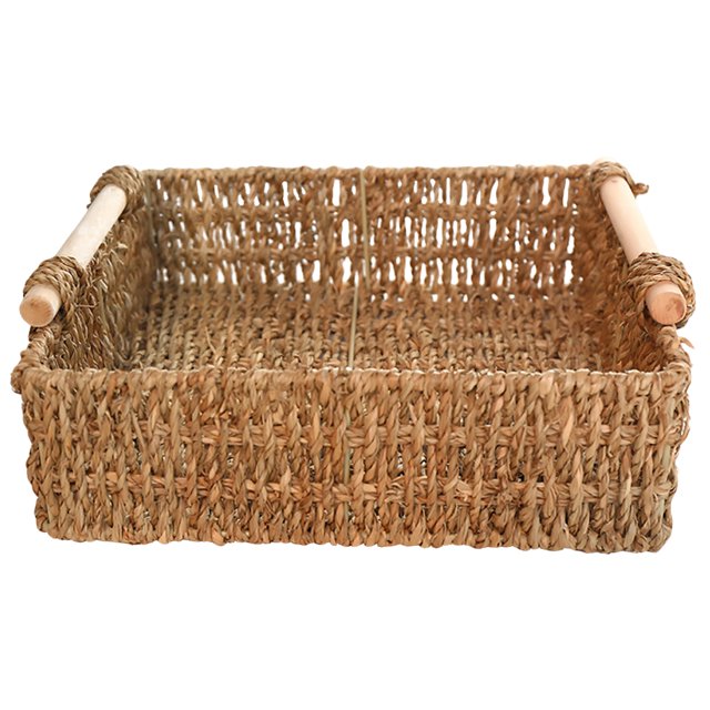 CIMAXIC Straw Basket Wooden Handle Table Simple Storage Basket for Sundries Cosmetics Key (Large Size 29x29x9cm),11.42"X11.42"X3.54"