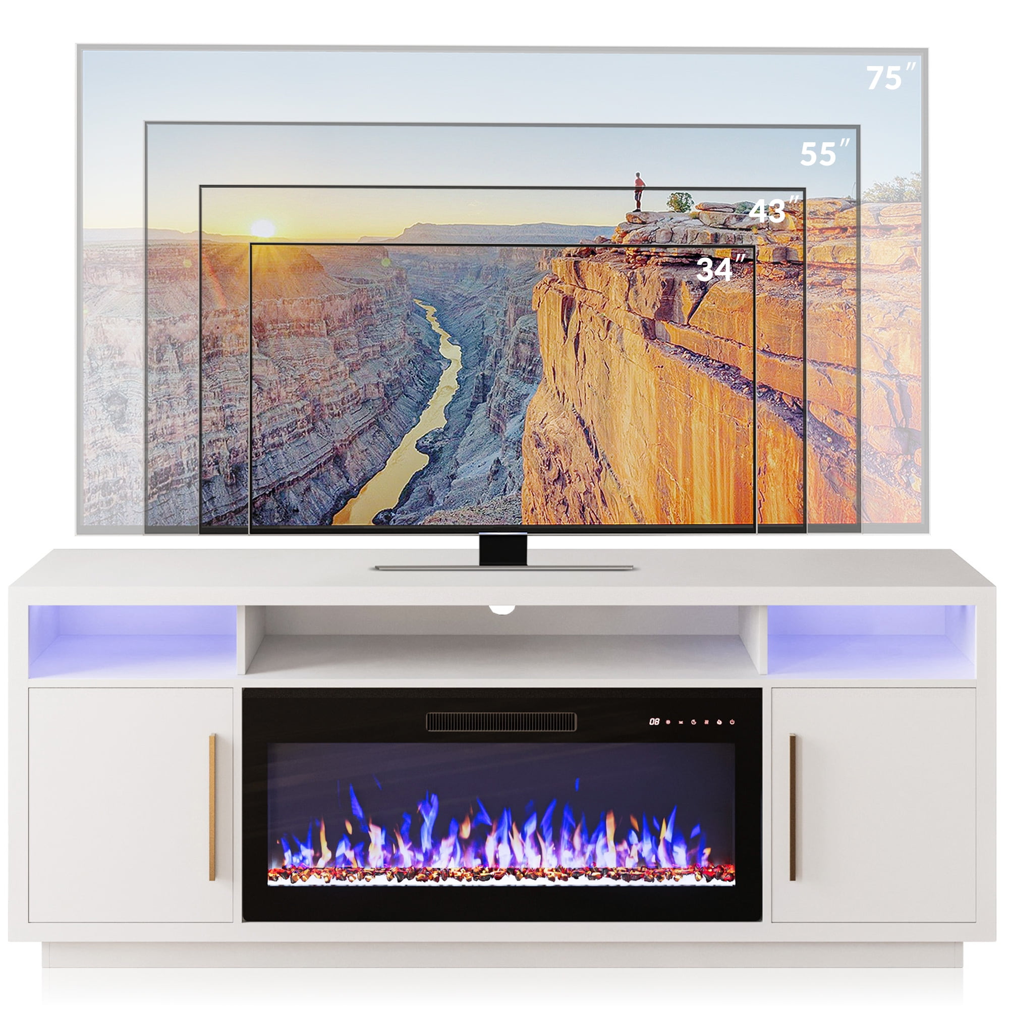BELLEZE Fireplace TV Stand for TVs Up To 75", Entertainment Center with 36" Electric Fireplace, LED Ambient Lighting, and Storage, Media Console Table 69 Inch - Avenue (White)