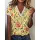 thumbnail image 4 of Camisa con estampado floral para mujer, manga corta, cuello en V, ribete de encaje, elegante camisa para mujer para el trabajo diario, citas, amarillo S, 4 of 6