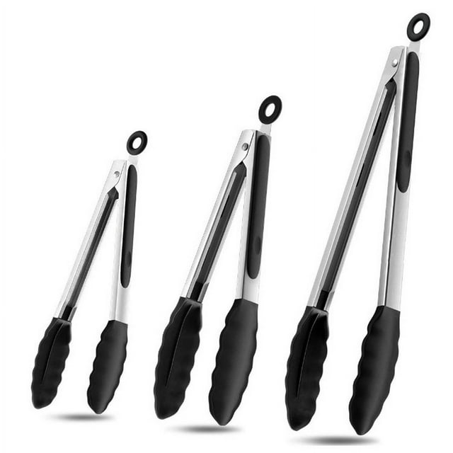 Juego de 3 pinzas de cocina, pinzas de cocina negras con puntas de silicona, pinzas para servir de acero inoxidable, (negro, 7/9/12 pulgadas)