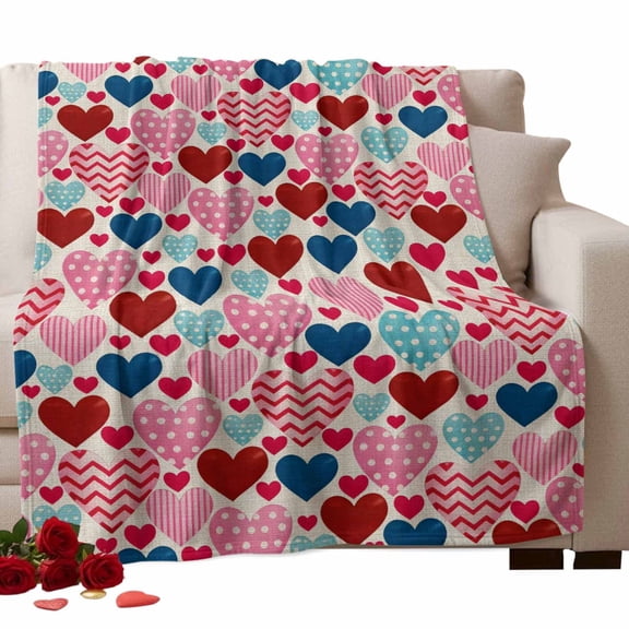 Valentine's Day Fleece Throw Blanket Lightweight Romantic Pink Blue Red Polka Dot Love Heart Linen Texture Fuzzy Flannel Throws Super Soft Cozy Flannel Blanket for Couch, Sofa, Bed, Travel 40"x50"