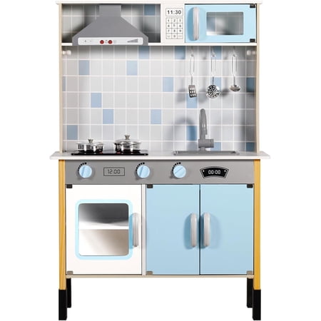 Kinder King Wooden Kids Play Kitchen, Toy Kitchen Playset for Toddler, Realistic Kitchen Sets w/Lights & Sounds, Pretend Kitchen Hood, Oven, Kitchen Accessories, Gift for Boys Girls Age 3+, Blue