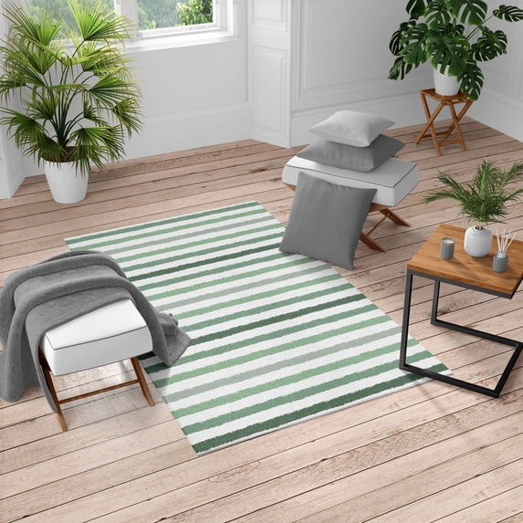 Striped Turkish Area Rug, Geometric Colorful Tone Brush Style Lines Grunge Retro Digital Print, Soft Carpet for Living Room Decor with Distressed Look, 6.6' X 9.6', Reseda Green, by Ambesonne