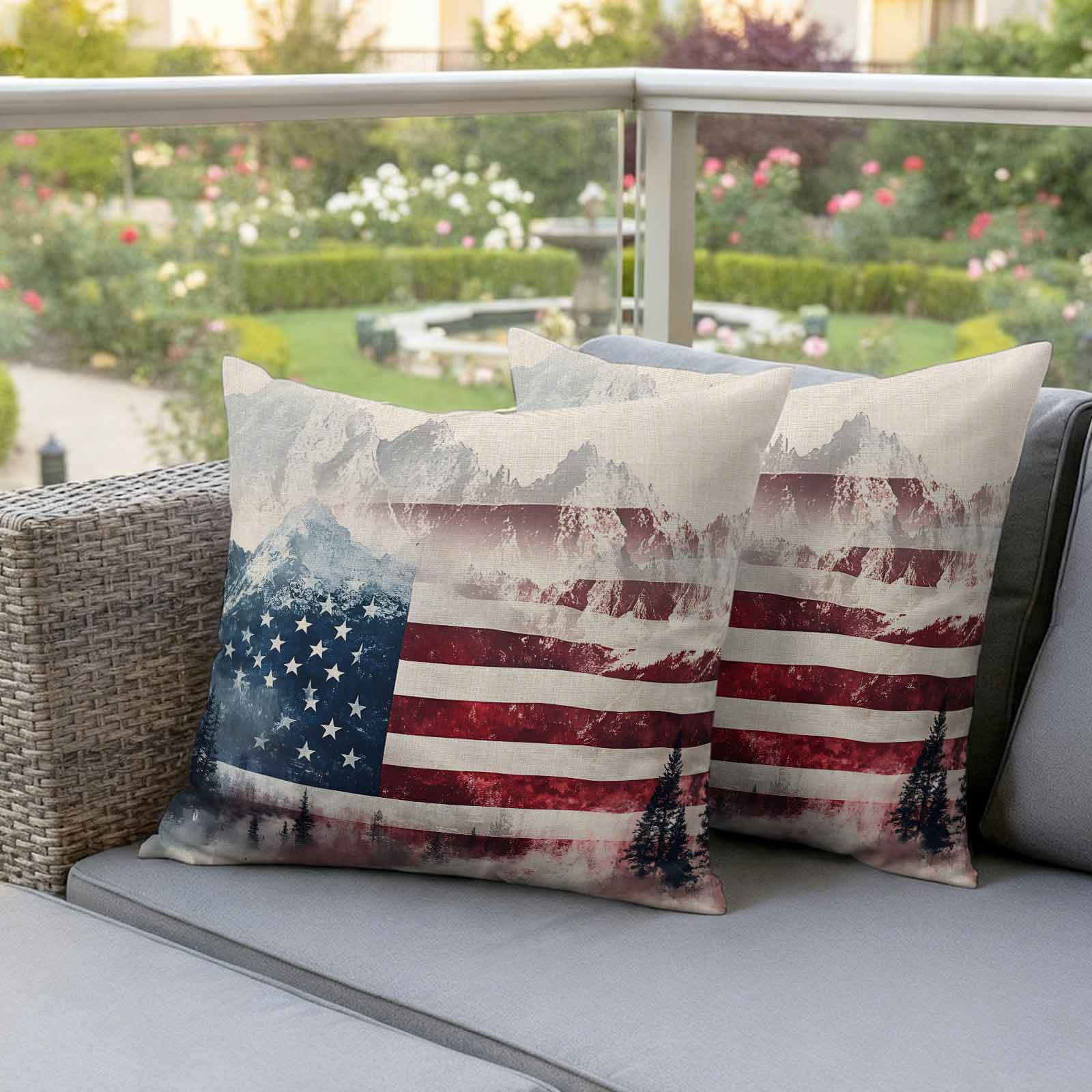 4th of July Outdoor Waterproof Pillow Covers, Forest Independence Day USA Flag Decorative Square Throw Pillowcase Sofa Cushion Sham for Patio/Couch/Chair, 18"x18" 2 Pack