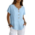 thumbnail image 2 of Women's Casual Short Sleeve V-Neck Button-Down Top - Loose Fit Linen-Blend Blouse for Summer, Everyday Wear & Vacation Light Blue XL, 2 of 6