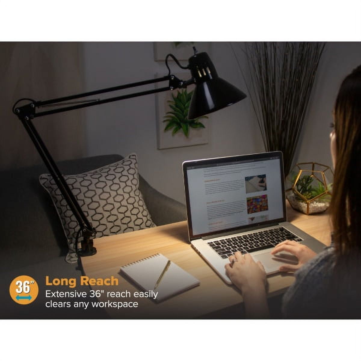 LED Swing Arm Desk Lamp with Clamp Mount, 36" Reach, Includes LED Bulb, Black (VLF100)