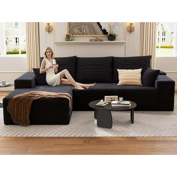 ODUWA 107.5" L-Shaped Modular Sectional Sofa with Chaise, Deep Seat Corduroy Upholstery, Oversized, No Assembly Required