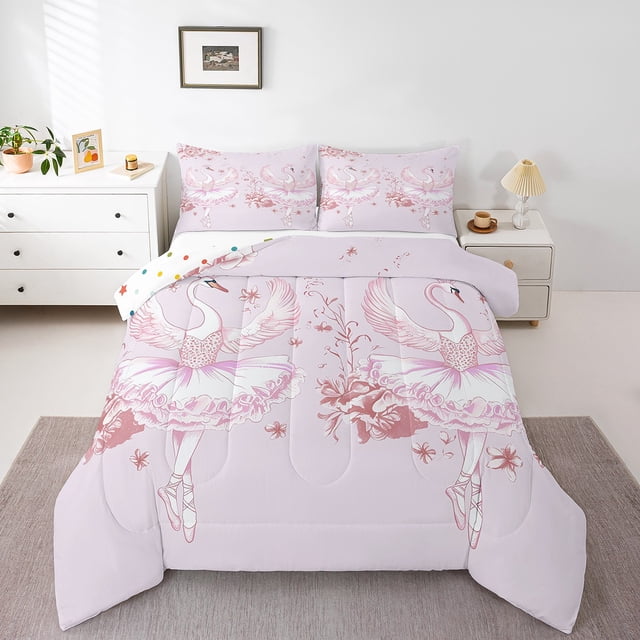 Girls Ballet Bedding Set,Ballet Swan Queen Comforter Set,Romantic Rose Down Comforter,Pink Dancing Swan Bed Set