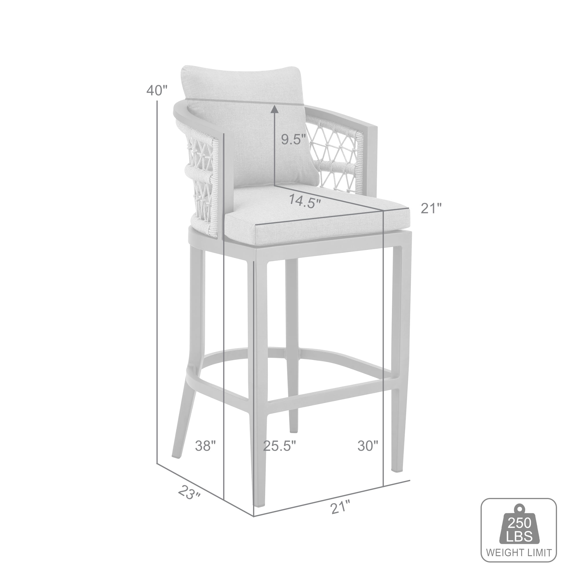 Zella Outdoor Patio Bar Stool in Aluminum with Light Gray Rope and Earl Gray Cushions - Set of 2