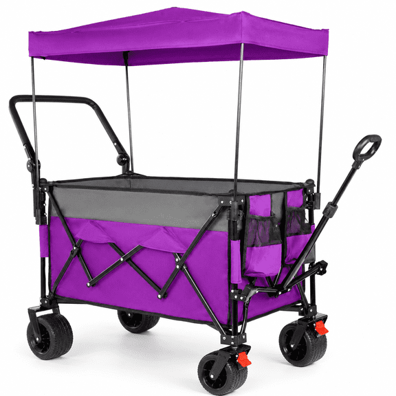 Folding Wagon Cart with Canopy and Push-Pull Handle, 300l Extra Large Capacity Heavy Duty Utility Cart, 480lbs Load,7''x4' All-Terrain Wheels with Brakes for Camping, Garden and Groceries, Purple